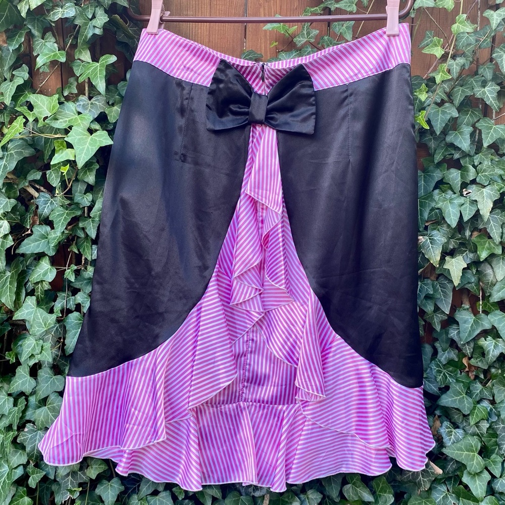 Vintage Style Midi Satin Ruffle Skirt Pink Pinstripe Faux Bustle